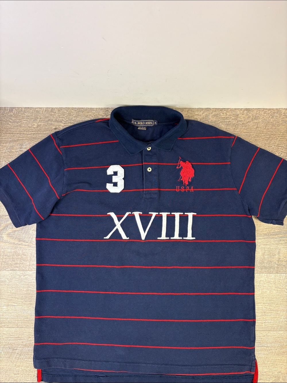 90’s Vintage U.S. Polo Assn. XL Navy Red Stripe Big Pony Logo Polo Shirt